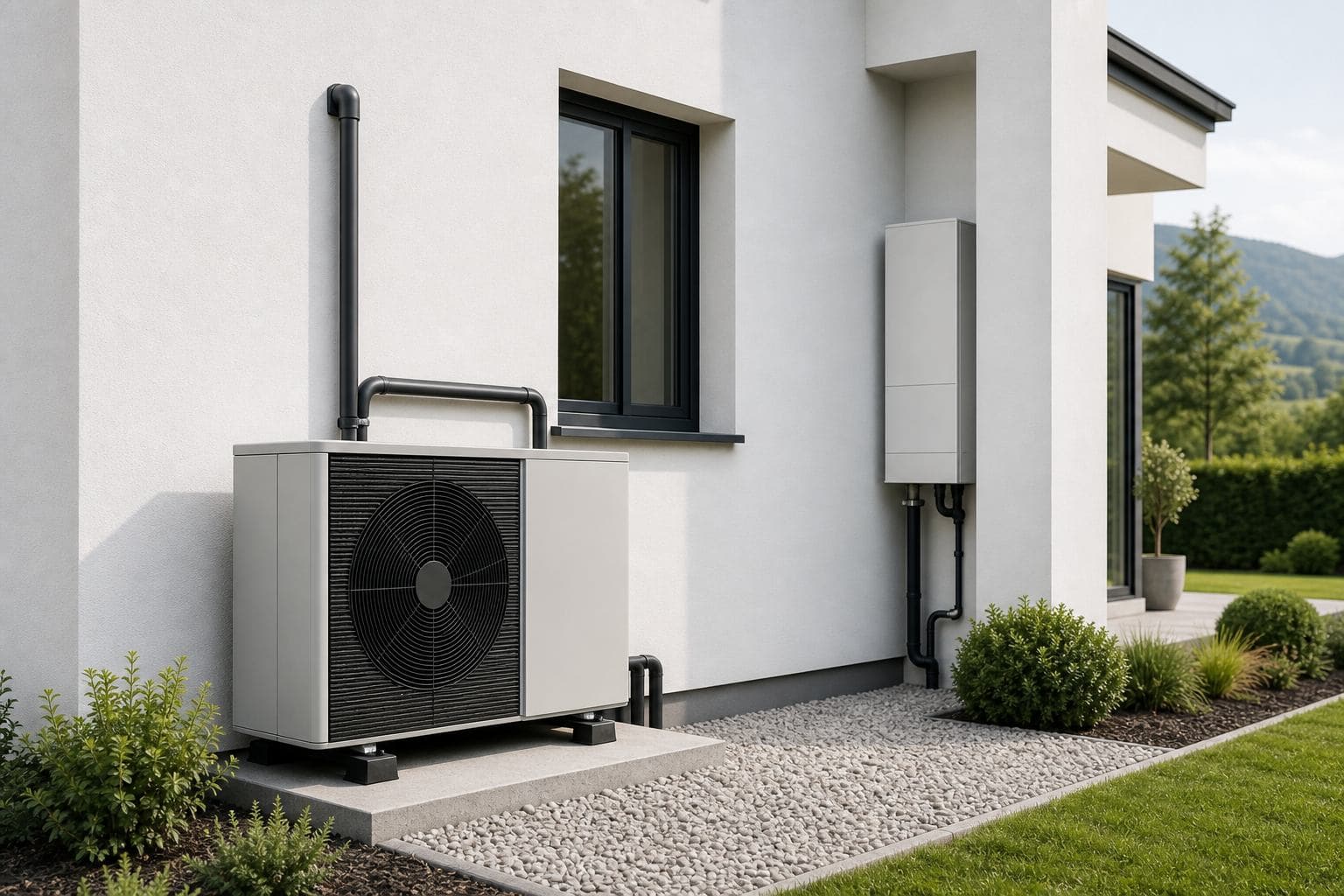 Pompa di calore e impianto HVAC esterno per casa efficiente